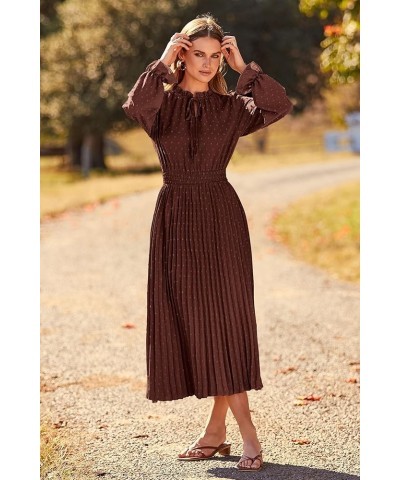 Women's 2024 Fall Midi Dress Casual Long Sleeve V Neck Swiss Dot Pleated A Line Flowy Dresses Dark Coffee $25.20 Dresses