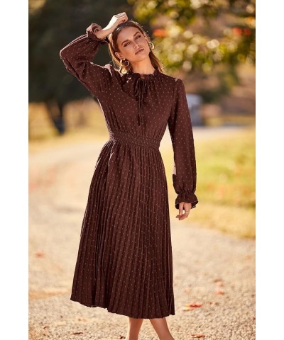 Women's 2024 Fall Midi Dress Casual Long Sleeve V Neck Swiss Dot Pleated A Line Flowy Dresses Dark Coffee $25.20 Dresses