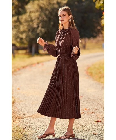 Women's 2024 Fall Midi Dress Casual Long Sleeve V Neck Swiss Dot Pleated A Line Flowy Dresses Dark Coffee $25.20 Dresses