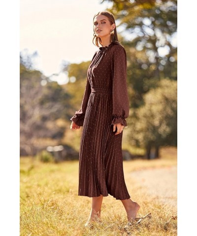 Women's 2024 Fall Midi Dress Casual Long Sleeve V Neck Swiss Dot Pleated A Line Flowy Dresses Dark Coffee $25.20 Dresses