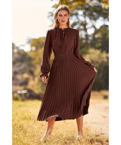 Women's 2024 Fall Midi Dress Casual Long Sleeve V Neck Swiss Dot Pleated A Line Flowy Dresses Dark Coffee $25.20 Dresses