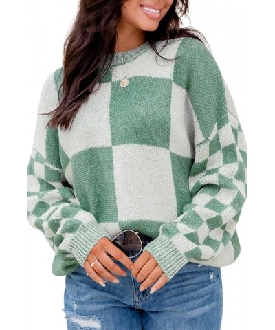 Women's Mint Green Checkered Print Drop Shoulder Sweater Casual Plaid Long Sleeve Pullover Tops Mint Green $15.61 Sweaters