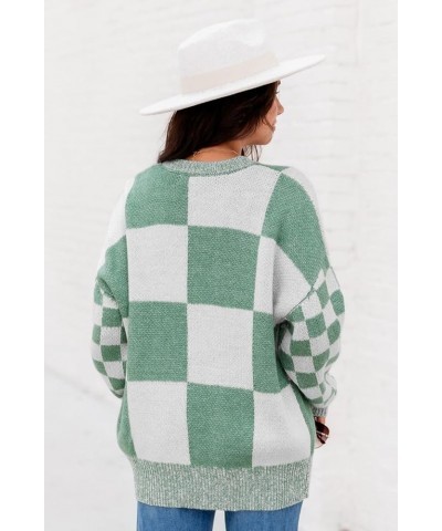 Women's Mint Green Checkered Print Drop Shoulder Sweater Casual Plaid Long Sleeve Pullover Tops Mint Green $15.61 Sweaters