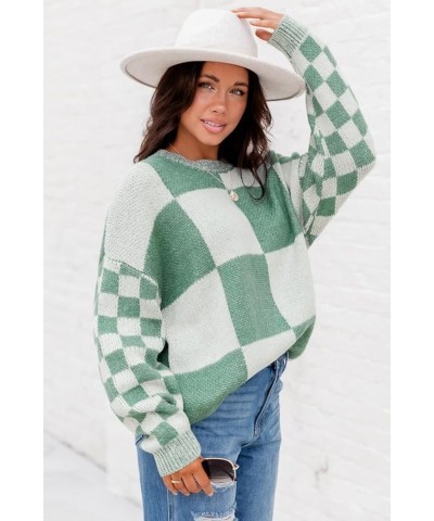 Women's Mint Green Checkered Print Drop Shoulder Sweater Casual Plaid Long Sleeve Pullover Tops Mint Green $15.61 Sweaters