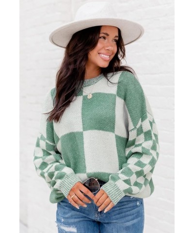 Women's Mint Green Checkered Print Drop Shoulder Sweater Casual Plaid Long Sleeve Pullover Tops Mint Green $15.61 Sweaters