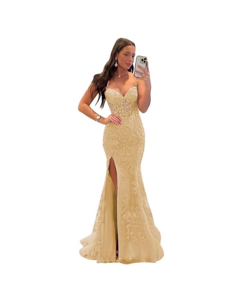 Lace Appliques Prom Dresses for Women Tulle Mermaid Bodycon Formal Evening Dress with Slit BD432 Gold $41.40 Dresses