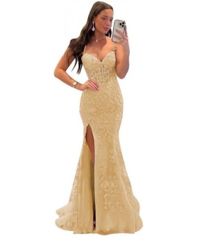 Lace Appliques Prom Dresses for Women Tulle Mermaid Bodycon Formal Evening Dress with Slit BD432 Gold $41.40 Dresses