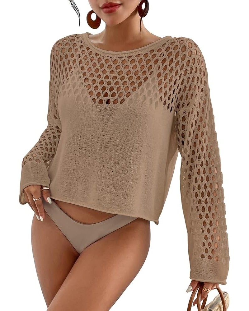 Swimsuit Coverup for Women Knitted Beach Cover Up Long Sleeve Crochet Tops Khaki $12.40 Swimsuits