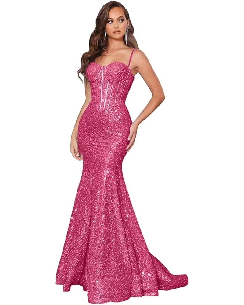 Sparkly Sequin Prom Dresses for Women Mermaid Long Spaghetti Straps Formal Evening Party Gowns Fuchsia $36.50 Dresses