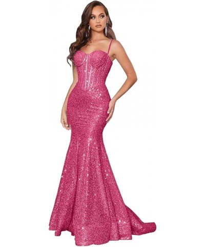 Sparkly Sequin Prom Dresses for Women Mermaid Long Spaghetti Straps Formal Evening Party Gowns Fuchsia $36.50 Dresses