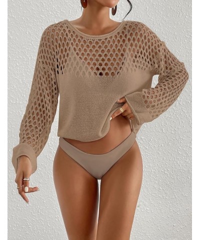 Swimsuit Coverup for Women Knitted Beach Cover Up Long Sleeve Crochet Tops Khaki $12.40 Swimsuits