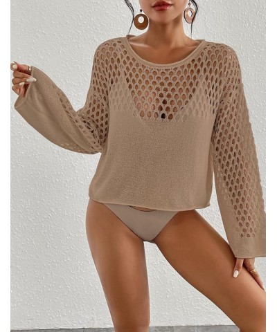 Swimsuit Coverup for Women Knitted Beach Cover Up Long Sleeve Crochet Tops Khaki $12.40 Swimsuits