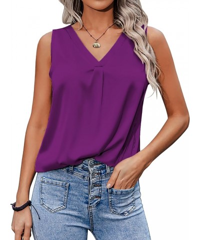 Womens 2024 Silk Satin Tank Tops V Neck Casual Cami Sleeveless Camisole Blouses Summer Basic Tank Shirt Purple $11.31 Tanks