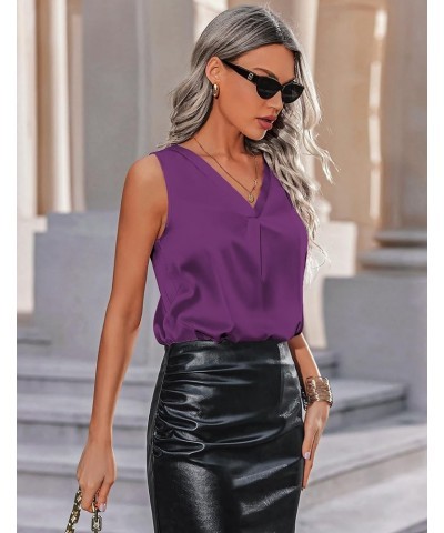 Womens 2024 Silk Satin Tank Tops V Neck Casual Cami Sleeveless Camisole Blouses Summer Basic Tank Shirt Purple $11.31 Tanks