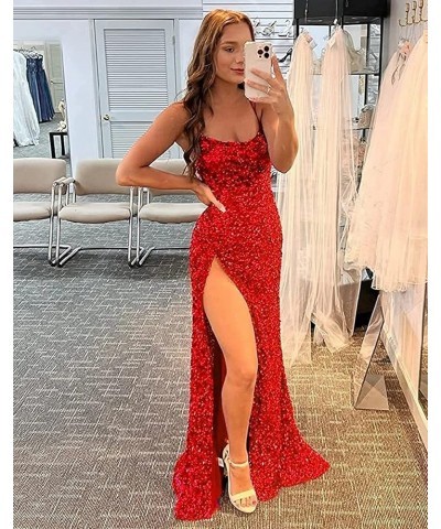 Sparkly Sequin Prom Dresses Spaghetti Straps High Slit Mermaid Formal Dress for Women Backless Evening Gowns Plum $34.19 Dresses