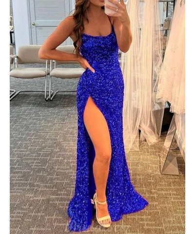 Sparkly Sequin Prom Dresses Spaghetti Straps High Slit Mermaid Formal Dress for Women Backless Evening Gowns Plum $34.19 Dresses