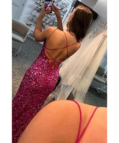 Sparkly Sequin Prom Dresses Spaghetti Straps High Slit Mermaid Formal Dress for Women Backless Evening Gowns Plum $34.19 Dresses