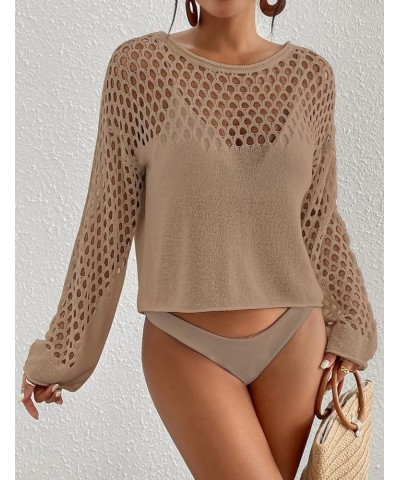 Swimsuit Coverup for Women Knitted Beach Cover Up Long Sleeve Crochet Tops Khaki $12.40 Swimsuits