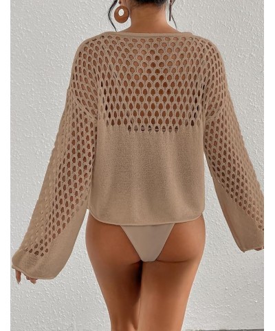 Swimsuit Coverup for Women Knitted Beach Cover Up Long Sleeve Crochet Tops Khaki $12.40 Swimsuits