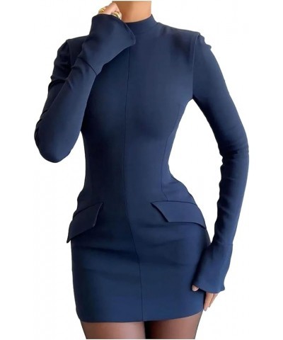 Solid Color Long-Sleeve Dress Mini Women's with Half High Collar Long Sleeves Flap Pockets Slim Fit Elegant Blue $11.93 Dresses