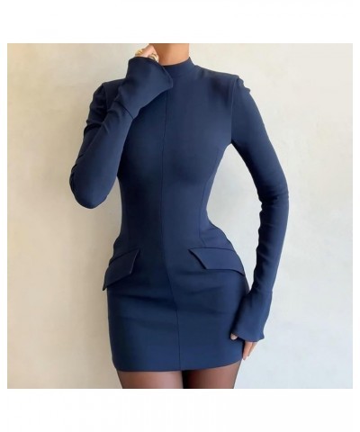 Solid Color Long-Sleeve Dress Mini Women's with Half High Collar Long Sleeves Flap Pockets Slim Fit Elegant Blue $11.93 Dresses