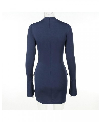 Solid Color Long-Sleeve Dress Mini Women's with Half High Collar Long Sleeves Flap Pockets Slim Fit Elegant Blue $11.93 Dresses