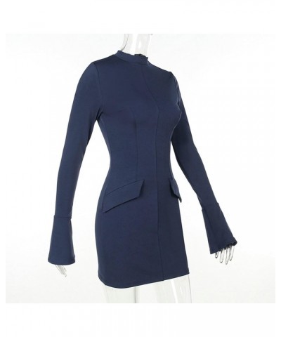 Solid Color Long-Sleeve Dress Mini Women's with Half High Collar Long Sleeves Flap Pockets Slim Fit Elegant Blue $11.93 Dresses