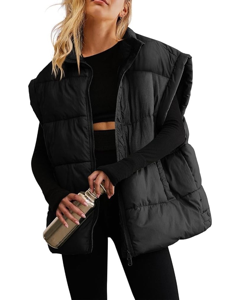 Womens Oversized Puffer Vest Zip Up Bubble Vests Stand Collar Cap Sleeves Padded Jacket Quilted Coats with Pockets Black $19....