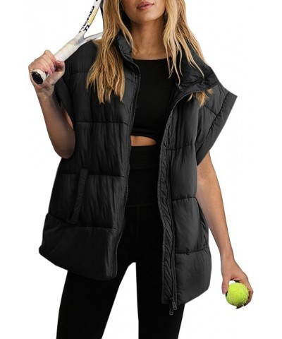 Womens Oversized Puffer Vest Zip Up Bubble Vests Stand Collar Cap Sleeves Padded Jacket Quilted Coats with Pockets Black $19....