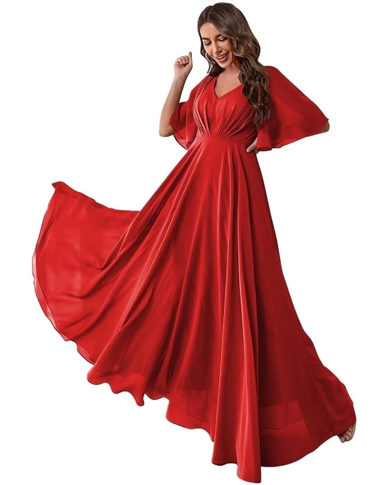 Ruffles Flutter Sleeve Chiffon Bridesmaid Dress Long V Neck Pleated Formal Dress for Women Wedding Guest Red $24.39 Dresses