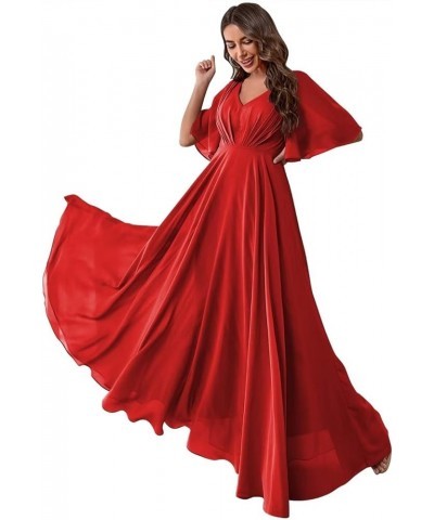 Ruffles Flutter Sleeve Chiffon Bridesmaid Dress Long V Neck Pleated Formal Dress for Women Wedding Guest Red $24.39 Dresses