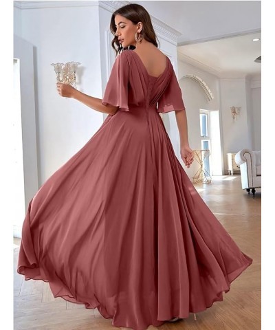 Ruffles Flutter Sleeve Chiffon Bridesmaid Dress Long V Neck Pleated Formal Dress for Women Wedding Guest Red $24.39 Dresses