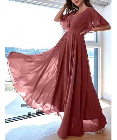 Ruffles Flutter Sleeve Chiffon Bridesmaid Dress Long V Neck Pleated Formal Dress for Women Wedding Guest Red $24.39 Dresses