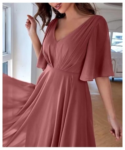 Ruffles Flutter Sleeve Chiffon Bridesmaid Dress Long V Neck Pleated Formal Dress for Women Wedding Guest Red $24.39 Dresses