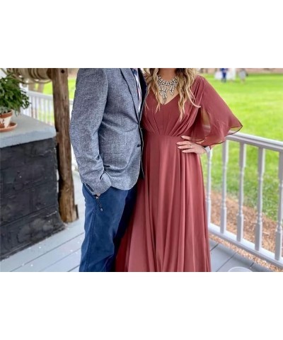 Ruffles Flutter Sleeve Chiffon Bridesmaid Dress Long V Neck Pleated Formal Dress for Women Wedding Guest Red $24.39 Dresses