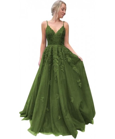 Lace Appliques Long Prom Dress A Line Spaghetti Straps Ball Gowns Tulle Formal Dress for Party CYM105 Olive Green $38.50 Dresses