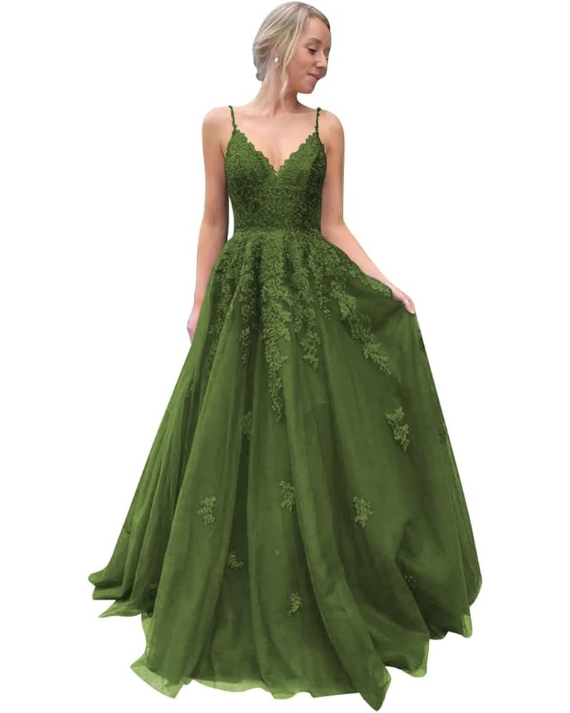 Lace Appliques Long Prom Dress A Line Spaghetti Straps Ball Gowns Tulle Formal Dress for Party CYM105 Olive Green $38.50 Dresses