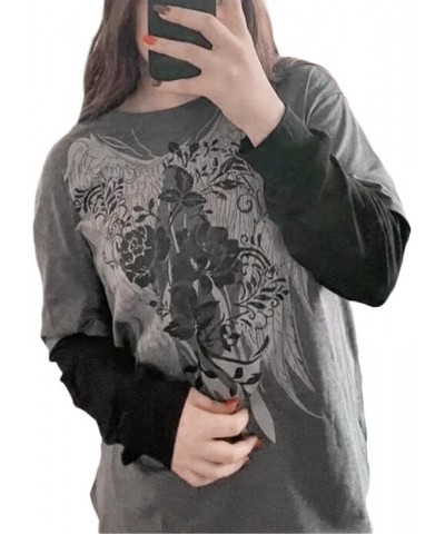 Women 's Gothic Y2k Graphic T-Shirt Long Sleeve Loose Fairy Grunge Sweatshirt Crew Neck Aesthetic Tees Top Grey&black $10.63 ...