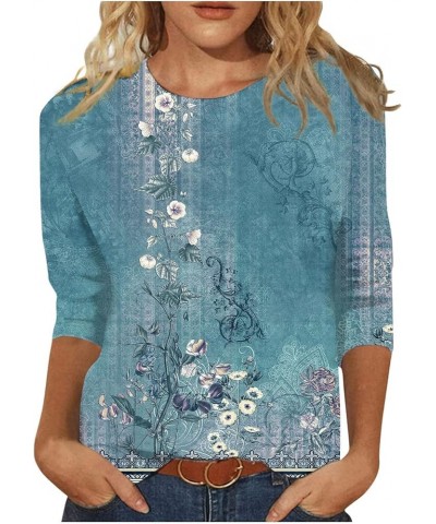 Womens 3/4 Sleeve Tops and Blouses Round Neck Loose Casual Vintage Floral Print Elbow Sleeve Pullover Tshirts 02-cyan $14.49 ...