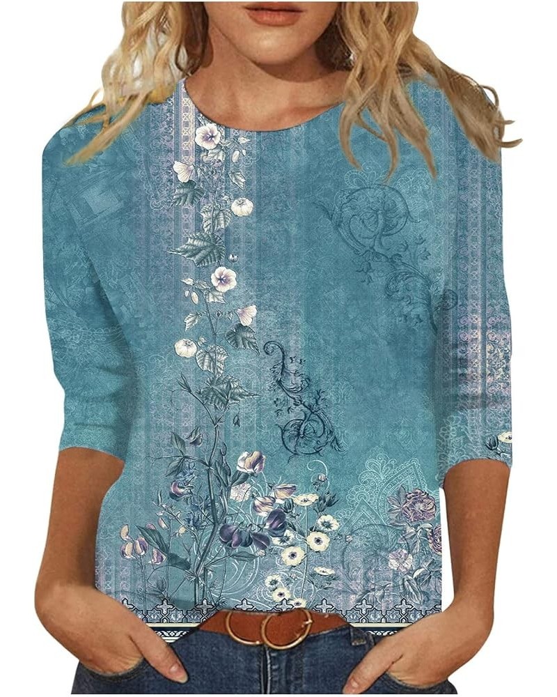 Womens 3/4 Sleeve Tops and Blouses Round Neck Loose Casual Vintage Floral Print Elbow Sleeve Pullover Tshirts 02-cyan $14.49 ...