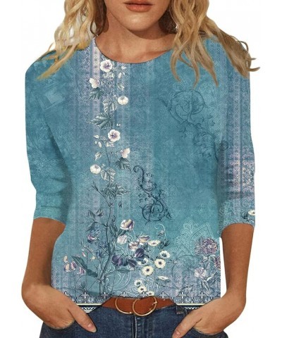 Womens 3/4 Sleeve Tops and Blouses Round Neck Loose Casual Vintage Floral Print Elbow Sleeve Pullover Tshirts 02-cyan $14.49 ...