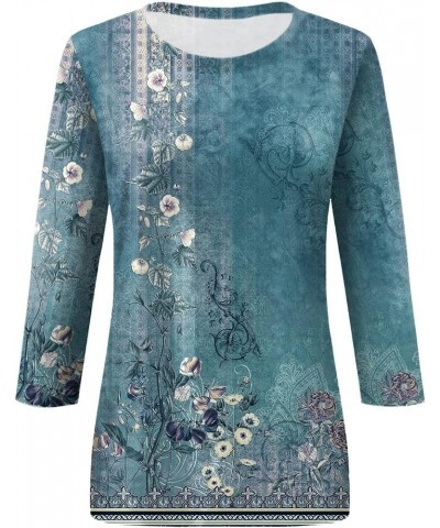 Womens 3/4 Sleeve Tops and Blouses Round Neck Loose Casual Vintage Floral Print Elbow Sleeve Pullover Tshirts 02-cyan $14.49 ...