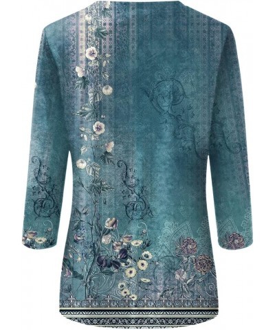 Womens 3/4 Sleeve Tops and Blouses Round Neck Loose Casual Vintage Floral Print Elbow Sleeve Pullover Tshirts 02-cyan $14.49 ...