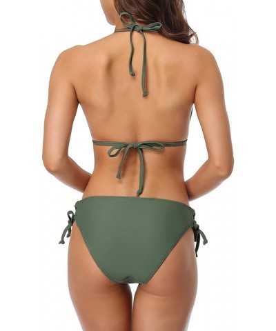 Women Two Piece Halter Padded Bikini Swimsuits Keyhole Cutout Swimwear Olive Green $20.29 Swimsuits