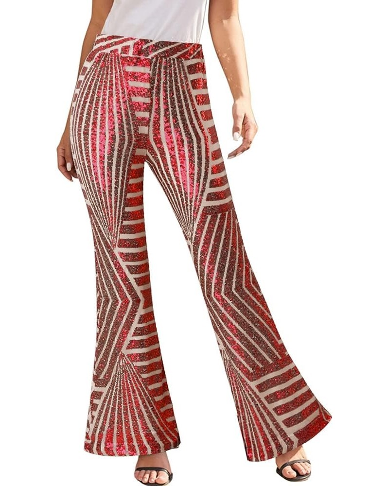 Sequin Pants Women Plus Size Sparkle Sequin Wide Leg Pants Loose High Waist Shiny Party Clubwear Bling Glitter Trouser Z2-red...