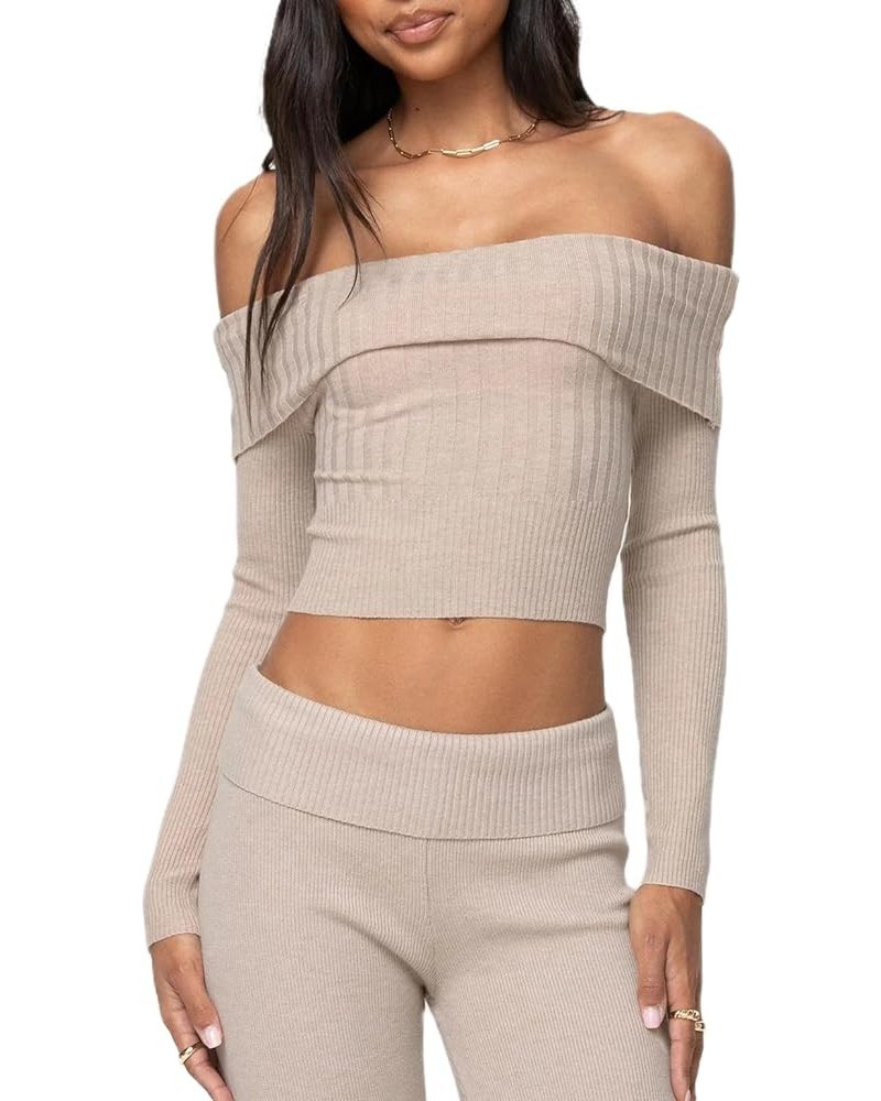 Women Y2k Sexy Off Shoulder Sweater Knitted Long Sleeve Crop Top Slim Fit Cropped Shirt Streetwear for Casual Daily X1-b2-apr...