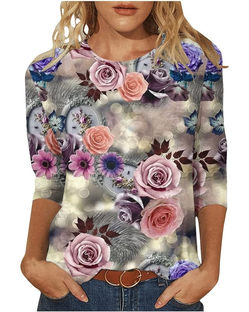 Womens Casual T Shirts 3/4 Sleeve Loose Work Tops Summer Floral Print Blouses Crewneck Loose Trendy Plus Size Tshirt 03 Multi...