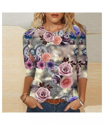 Womens Casual T Shirts 3/4 Sleeve Loose Work Tops Summer Floral Print Blouses Crewneck Loose Trendy Plus Size Tshirt 03 Multi...