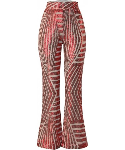 Sequin Pants Women Plus Size Sparkle Sequin Wide Leg Pants Loose High Waist Shiny Party Clubwear Bling Glitter Trouser Z2-red...