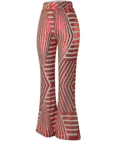 Sequin Pants Women Plus Size Sparkle Sequin Wide Leg Pants Loose High Waist Shiny Party Clubwear Bling Glitter Trouser Z2-red...